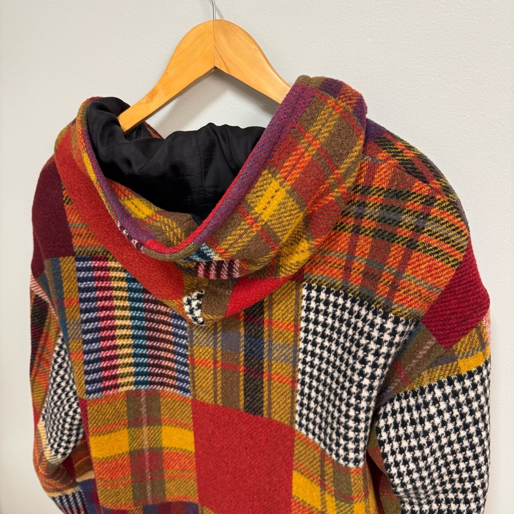 Vintage 90s The Limited Multicolored Plaid Patchwork Hooded Toggle Jacket L - Picture 9 of 13